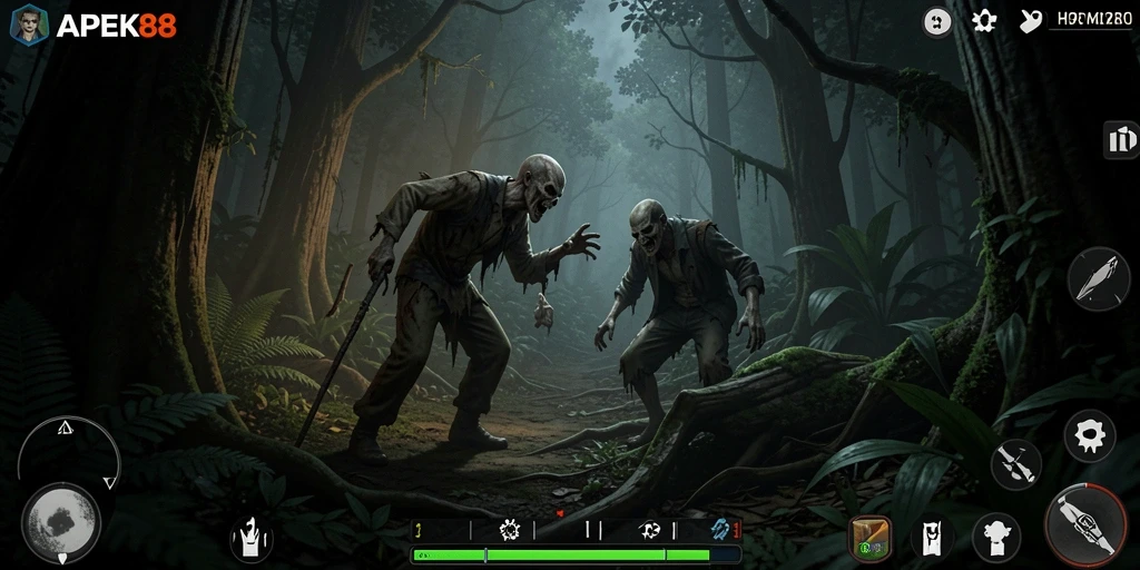 Tangkapan layar APEK88 menunjukkan suasana mencekam di dalam hutan horor.