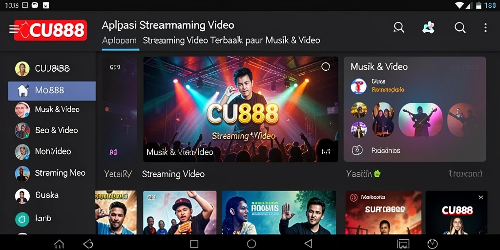 Antarmuka aplikasi CU888 dengan berbagai pilihan video streaming.